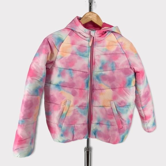 Rothschild Girls Pastel Rainbow Tie Dye Hooded Puffer Coat with Pockets - Picture 2 of 13